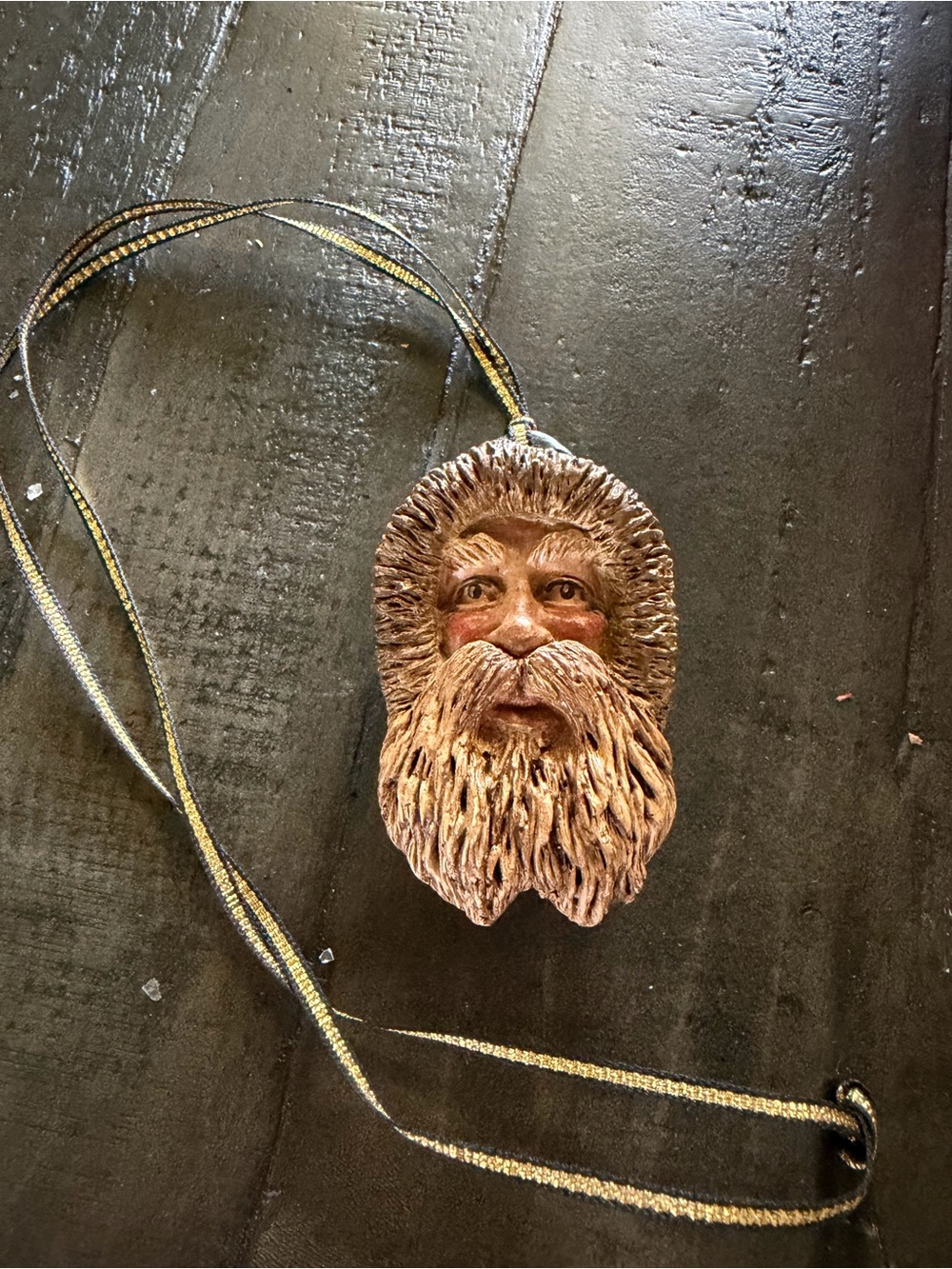 Handpainted Chalk Brown Bearded Face Pendant Necklace - Rustic Women's Jewelry